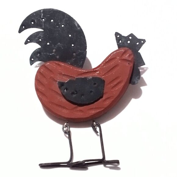 Primative Farmhouse Inspired Wood and Metal Rooster Brooch - Picture 1 of 5
